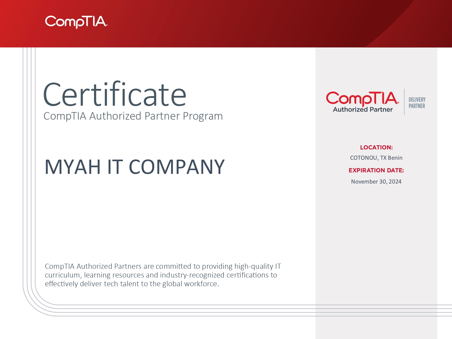 Partenariat MYAH IT COMPANY et CompTia